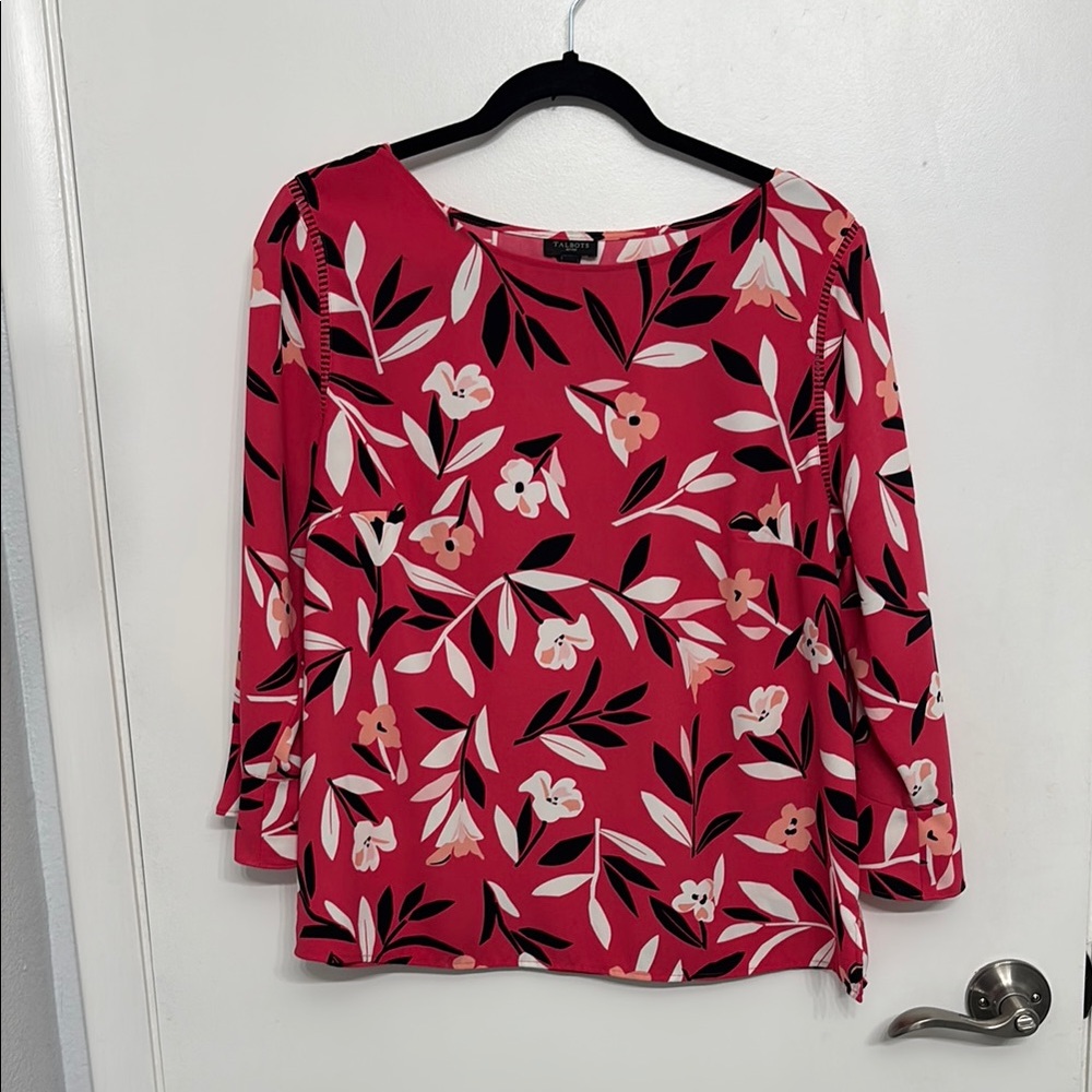 Talbots Red Boxy Blouse with V-Neck and 3/4 Sleeves